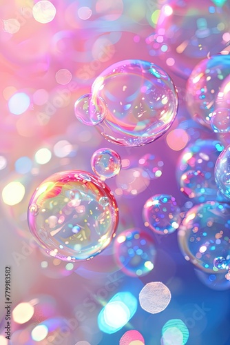 Background with shimmering colorful soap bubbles floating gracefully in the air. Whirling bubbles, a playful dance.