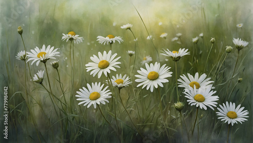 Watercolor artwork of white daisies nestled in a meadow of pale green grass, with soft, ethereal brushstrokes creating a dreamlike atmosphere.