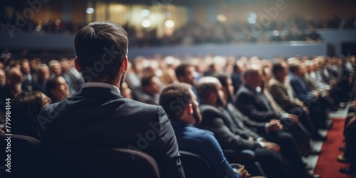 A man in a suit sits in a crowded theater. The audience is attentive and engaged. The man is looking at the stage, waiting for the show to begin