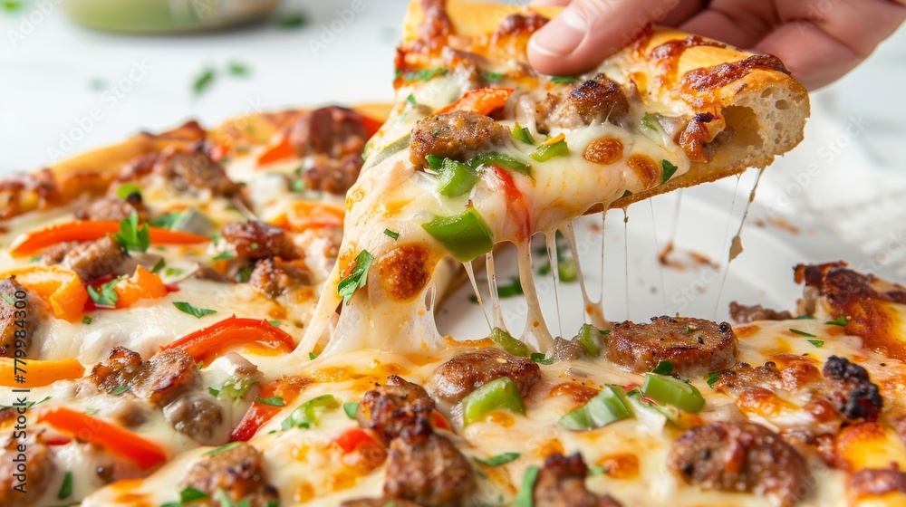 Close-up of a hand pulling a cheesy pizza slice with toppings Close-up of a hand pulling a cheesy pizza slice with toppings