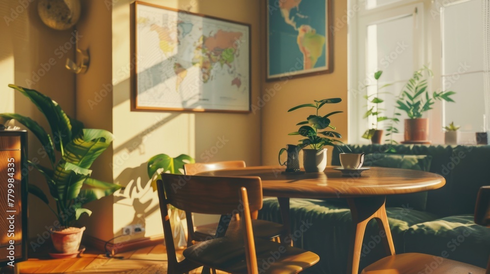 Fototapeta premium A cozy living room with a wooden dining table surrounded by chairs and potted plants. The room has a warm and inviting atmosphere, perfect for relaxing and spending time with family and friends