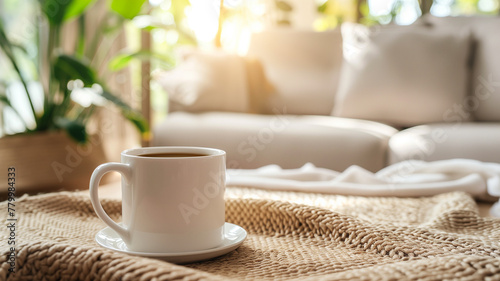 a white mug on the background of a living room in bright colors. Tea advertising