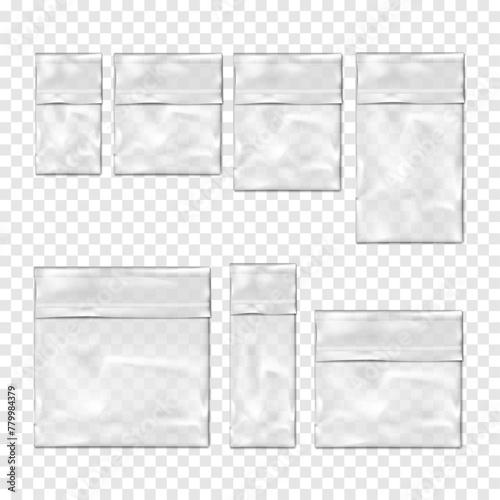Clear self sealing plastic bag with adhesive flap closure. Vector mock-up set. Empty cellophane envelope. Mockup kit. Transparent vinyl pouch. Template collection