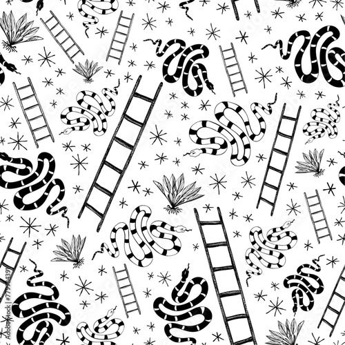 Hand drawn snakes, ladders, plants and doodle stars in black and white vector seamless pattern. Minimal monochrome surface art designed for printing on various surfaces or for use in graphic design.