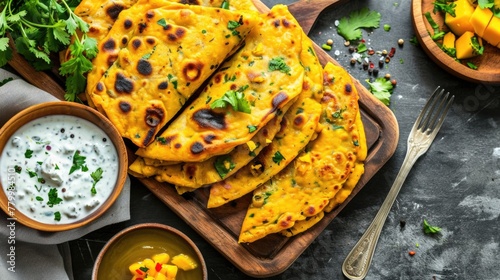 A plate of yellow tortillas sits on a wooden board with a bowl of white sauce and a fork photo