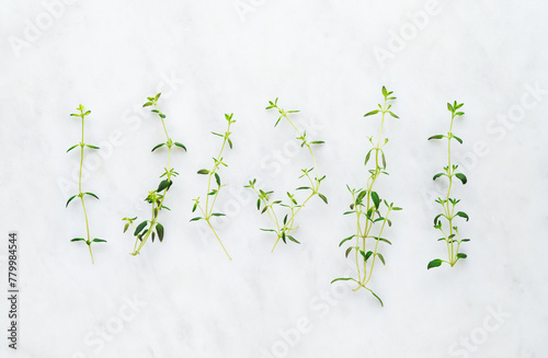 Thyme twigs on white marble background, top view
