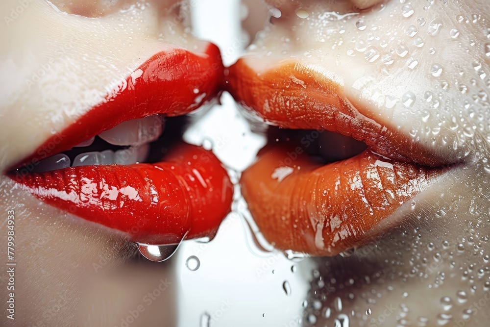 Fototapeta premium Two lips kissing each other. Close up photo.