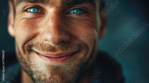 A man with a beard and blue eyes is smiling. He has a blue shirt on