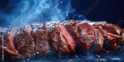A piece of meat is sliced and has a lot of smoke coming off it. Concept of anticipation and excitement for the meal to come photo