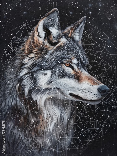 Mystical Wolf Amidst Cosmic Geometry - A striking portrait of a wolf s head superimposed with intricate geometric patterns against a starry night sky  invoking a sense of mysticism and wonder