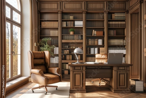 A luxurious home office setup with a custom-built desk, leather chair