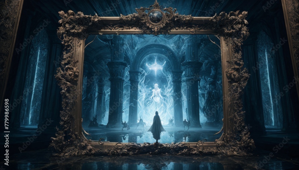 A cloaked figure approaches an ethereal portal within a gothic and mystical frame, hinting at a journey into the unknown.