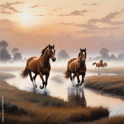 Horses with brown markings on their faces running through a misty field with a water body in the foreground and a soft glowing sky in the background © Arif