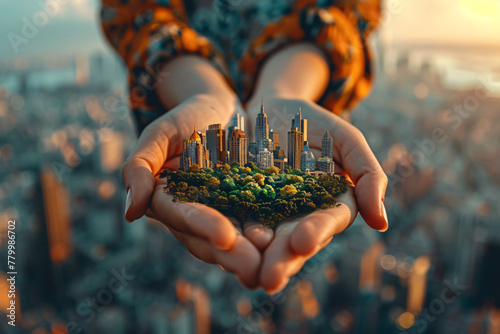 Close-up of woman's hands holding miniature island city with urban skyline against the sky. A captivating urban miniature scene. © Pixelbus