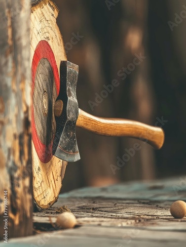A simple, vibrant image of an axe midflight towards a wooden target, symbolizing skill and focus photo