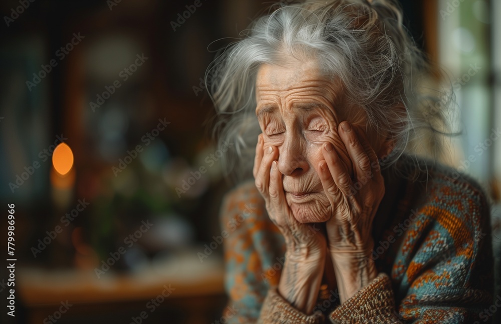 Senior woman weeps alone at table, hands hiding her face, sorrow filling the room Senior woman weeps alone at table, hands hiding her face, sorrow filling the room