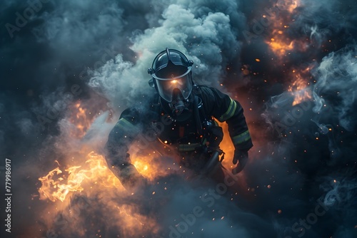 Heroic Firefighter Emerging Through Thick Smoke and Flames Showcasing Bravery and Determination in a Scene © Meta