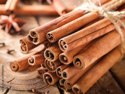 An image of cinnamon sticks bundled together, with a soft, neutral background to emphasize their natural texture photo