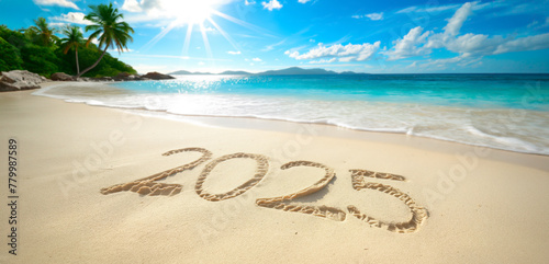New year 2025 on the beach.  2025 Oasis, New Year's Paradise Unveiled in Sand At A Tropical Resort On The Beach.