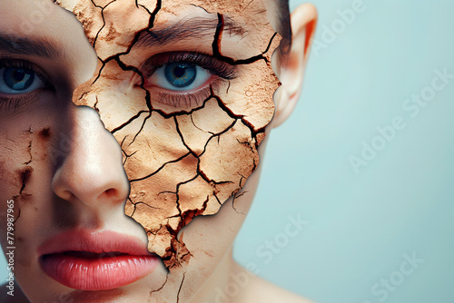 Image of a female face with dry, cracked skin resembling desert landscapes,close-up,concept of self-care,cosmetology,beauty industry