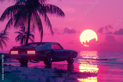 Vintage car on the beach at neon sunset. Retrowave, synthwave, vaporwave aesthetics. Retro style, webpunk, retrofuturism. Illustration for design, print, wallpaper. Summer vacation concept.