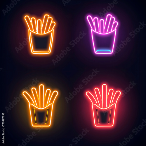 vibrant set of neon icons featuring various styles of French fries, illuminated in vivid colors ideal for adding a playful touch to fast food restaurant signage and social media posts photo