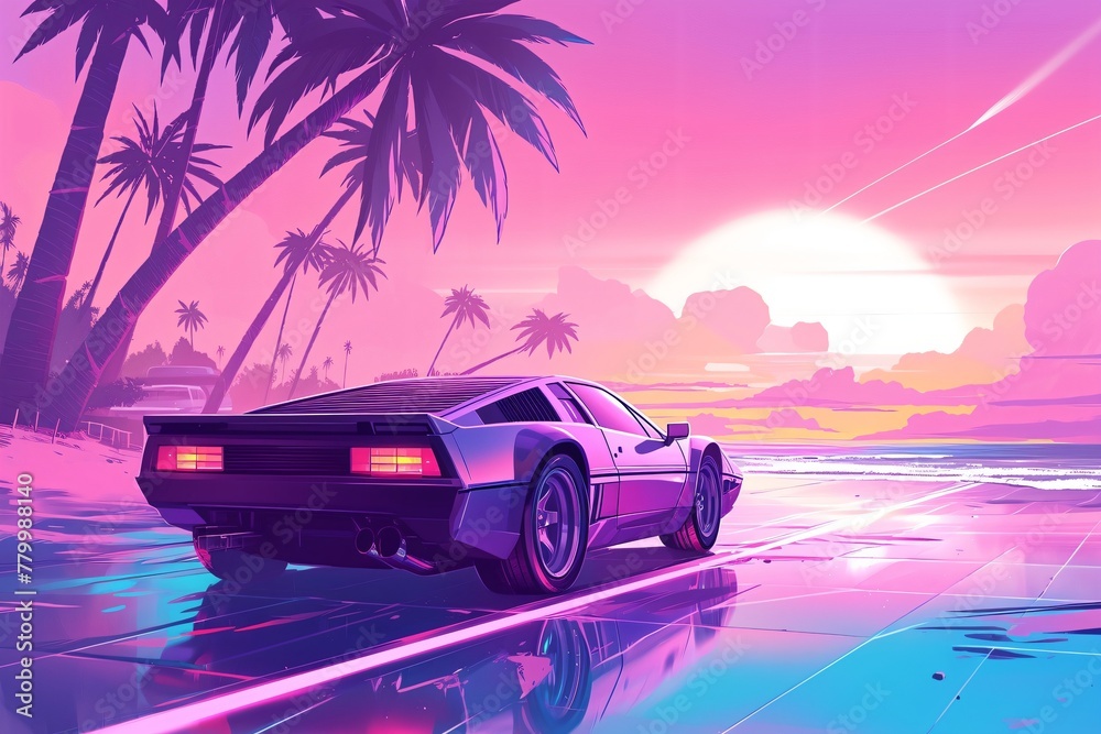 Retro sports car on a road with neon sunset and palm trees. Retrowave, synthwave, vaporwave aesthetics. Retro style, webpunk, retrofuturism. Illustration for design, print, poster. Summer vacation 
