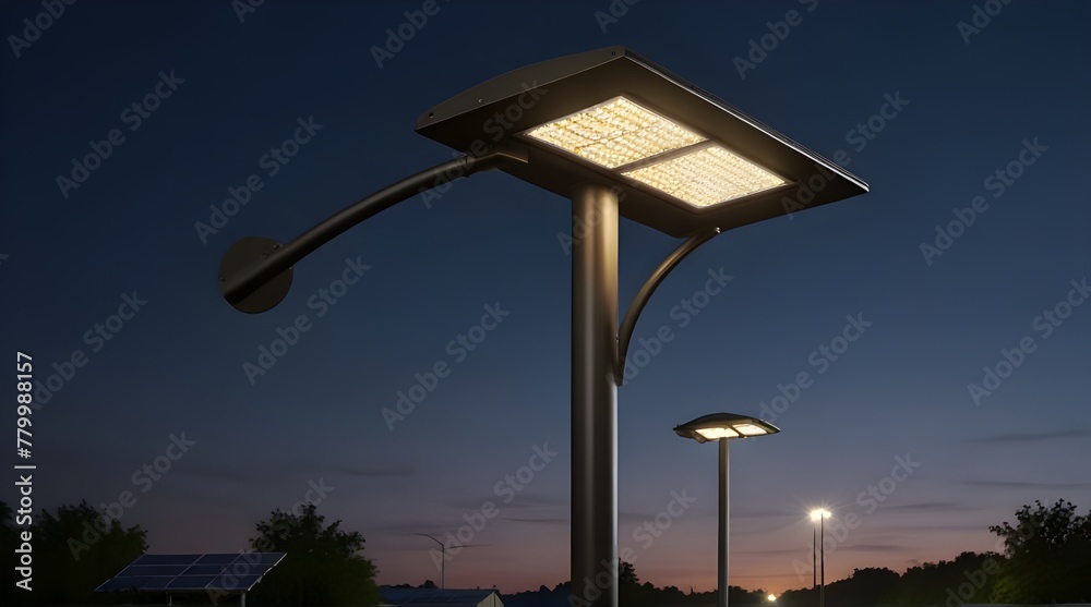 Solar panel with lamp under blue sky for energy power concept.
 .Generative AI