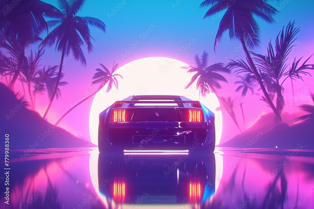 Retro car facing a neon sun between palm trees. Retrowave, synthwave, vaporwave aesthetics. Retro style, webpunk, retrofuturism. Illustration for design, print, poster. Summer vacation concept.