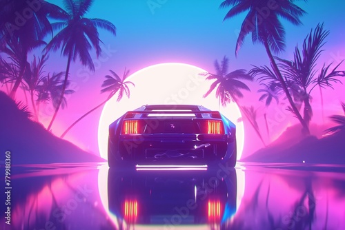 Retro car facing a neon sun between palm trees. Retrowave, synthwave, vaporwave aesthetics. Retro style, webpunk, retrofuturism. Illustration for design, print, poster. Summer vacation concept. © dreamdes