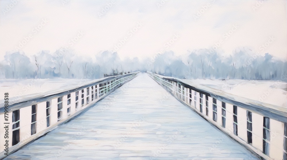 Fototapeta premium Frozen canal, rows of white houseboats, a serene winter scene. 
