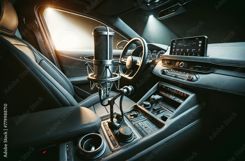 a microphone mounted inside a car next to the driver's seat