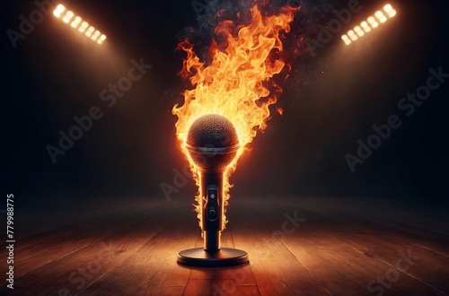A microphone ablaze with fire