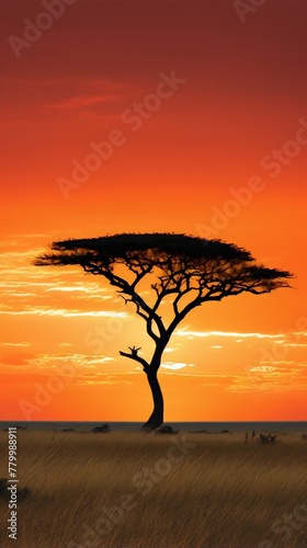 The savanna landscape is bathed in warm colors at sunset with a large acacia tree in the center.