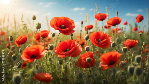 A springtime scene with bright red poppy flowers and green foliage under a clear sky, symbolizing rebirth and the beauty of spring