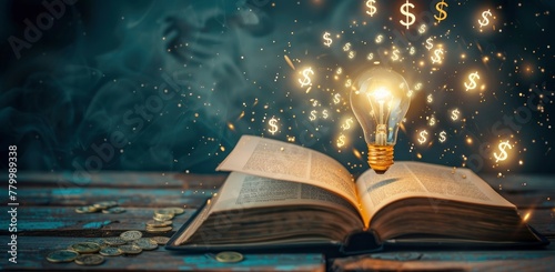 open book with glowing light bulb and money sign icons coming out of it, background with copy space