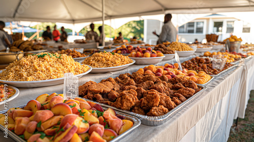 Outdoor Buffet Spread with Fresh Fruits and Fried Chicken at Sunset