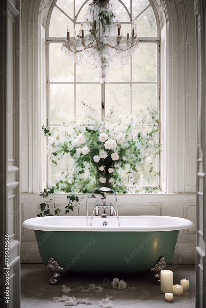 Fototapeta premium Elegant green bathtub near a large window decorated with white flowers and vines in a bright bathroom with a classic interior style