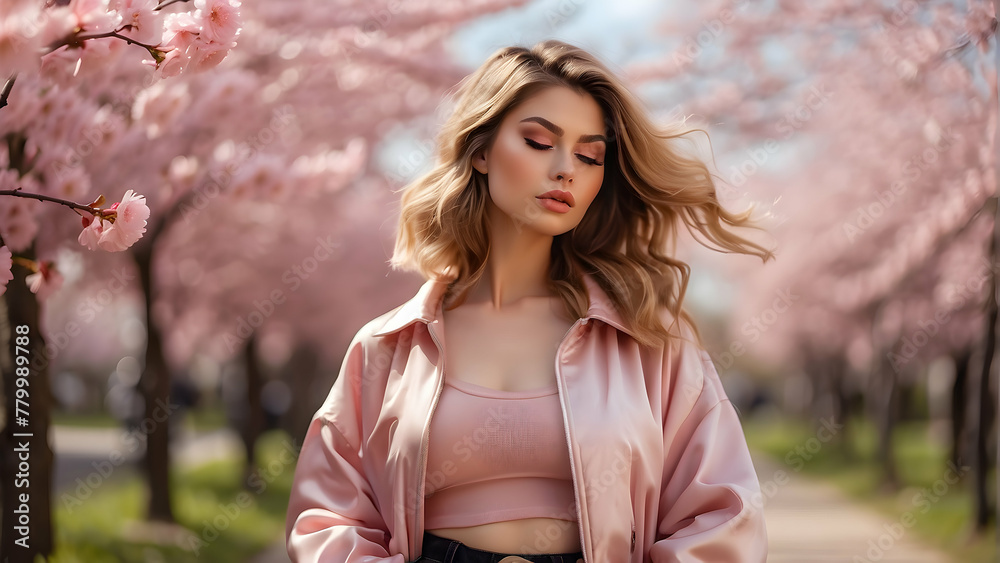 A stylish woman stands amidst blooming cherry blossoms, her fashion choices complementing the fresh ambiance of spring A stylish woman stands amidst blooming cherry blossoms, her fashion choices complementing the fresh ambiance of spring