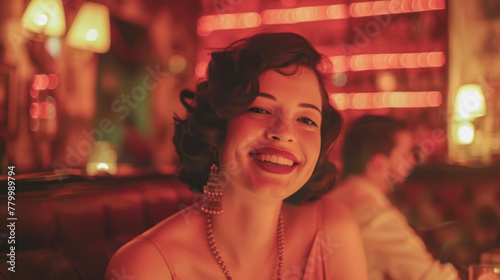 Retro portrait of a woman enjoying herself  in a speakeasy. A smiling flapper. Vintage 1920s.