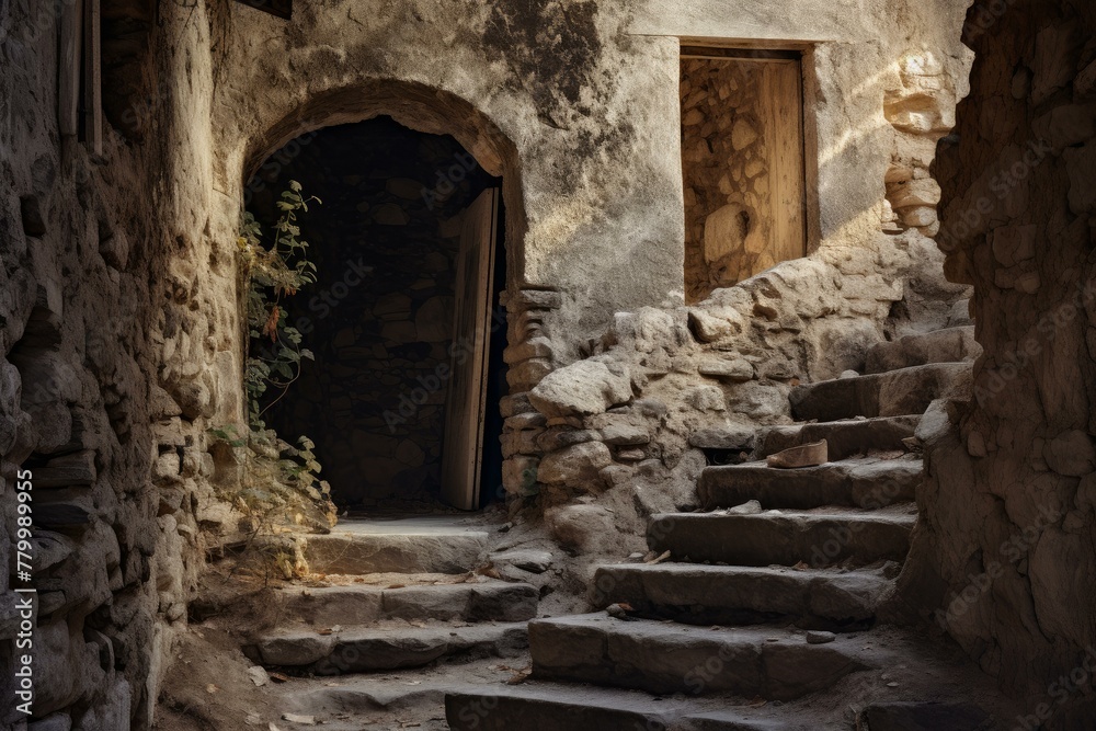 Crumbling Ancient old stairs. Long architecture. Generate Ai