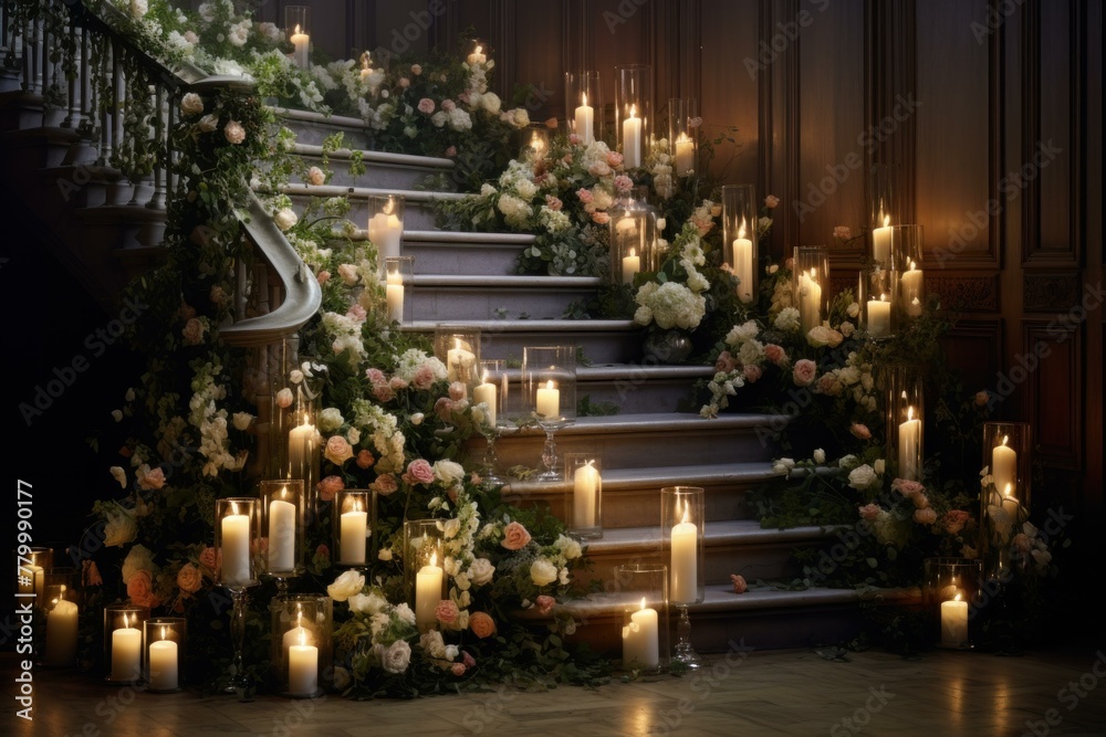 Elegant Stairs candles flowers. Romantic rustic. Generate Ai