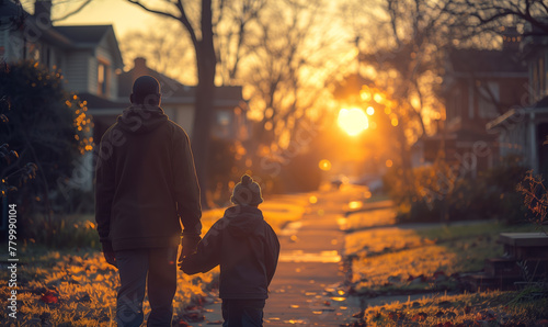 a father and son walking down a sidewalk, holding hands, the sun setting behind them.
