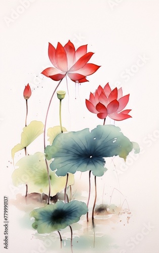 Delicate red and green watercolor lotus flowers with traditional oriental ink painting style