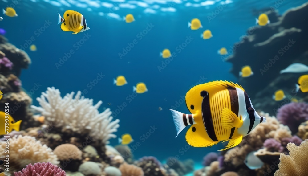 Fototapeta premium Group of Yellow and Black Fish Swimming in an Aquarium