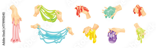 Human Hand Playing with Colorful Slime Toy Vector Set