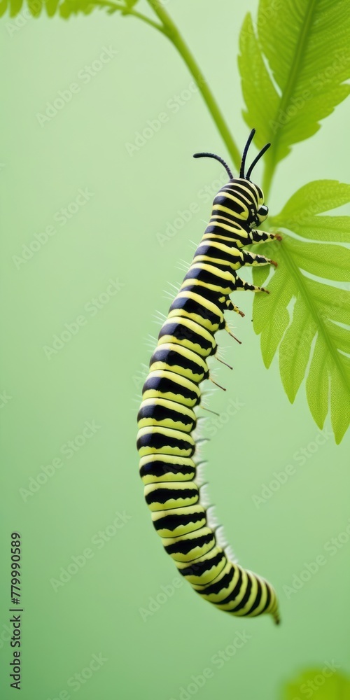 Black and White Caterpillar on a Green Leaf