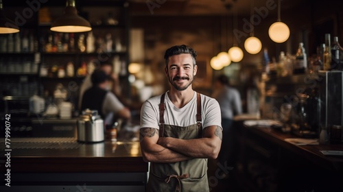 Portrait photograph of barista cafe employee standing behind bar photo