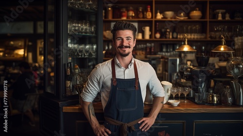 Portrait photograph of barista cafe employee standing behind bar