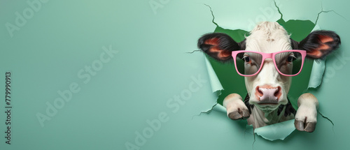A stylish cow with vibrant pink glasses humorously rips through a green paper background, evoking playfulness
